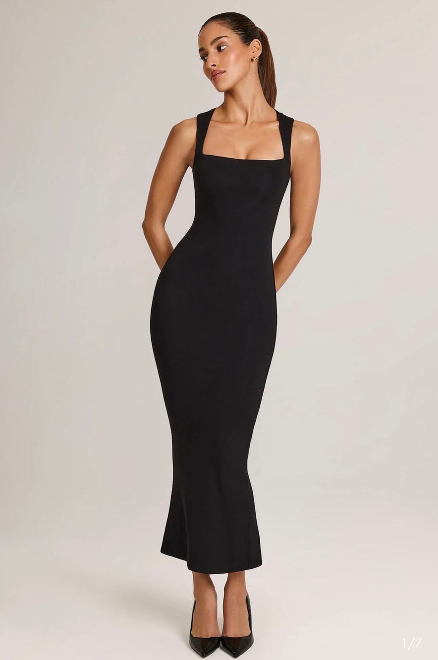 Oh Polly Ainslee Modal Square-Neck Bodycon Midi Dress in Black Size 6